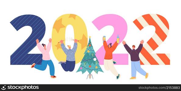 New year 2022 celebrating. People celebrate, happy friends and giant numbers. Christmas holiday characters, office party utter vector banner. Illustration 2022 year greeting, celebrate new year. New year 2022 celebrating. People celebrate, happy friends and giant numbers. Christmas holiday characters, office corporate party utter vector banner