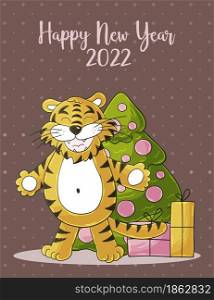New year 2022. Symbol of 2022. New Year card in hand draw style. Christmas tree, gifts, tiger. Pastel illustration for postcards, calendars, posters, flyers. Faces of tigers. Symbol of 2022. Tigers in hand draw style. New Year 2022