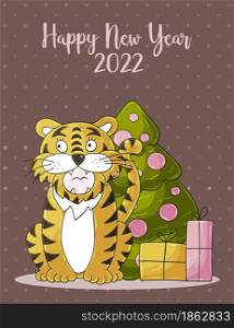 New year 2022. Symbol of 2022. New Year card in hand draw style. Christmas tree, gifts, tiger. Pastel illustration for postcards, calendars, posters. Faces of tigers. Symbol of 2022. Tigers in hand draw style. New Year 2022