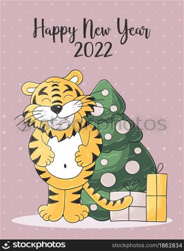 New year 2022. Symbol of 2022. New Year card in hand draw style. Christmas tree, gifts, tiger. Pastel illustration for postcards, calendars. Faces of tigers. Symbol of 2022. Tigers in hand draw style. New Year 2022