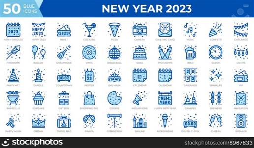 New year 2023 icons in blue style. Calendar, Confetti, Pizza. Line blue icons collection. Holiday symbol. Vector illustration
