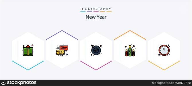 New Year 25 FilledLine icon pack including new year. clock. dvd. party. fire