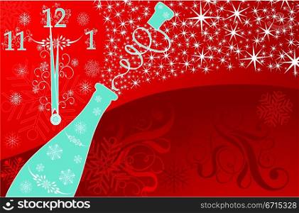 New year&acute;s background with clock and sparks of a champagne, vector
