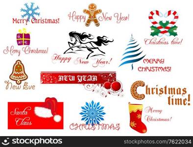 New Year and Chrismas symbols set with holiday scripts
