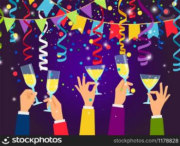 New Year and Christmas background or banner with conffetti, serpentine, champagne glasses, vector illustration. New Year and Christmas background
