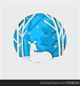 New year and Christmas background with paper silhouette of deer and tree. Vector illustration.