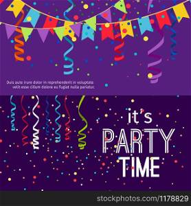 New Year and Christmas banners with colorful conffetti, vector illustration. New Year and Christmas party banners set