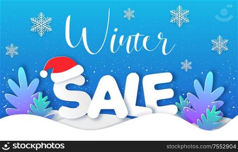 New year and Christmas blue background with paper silhouettes of white fir tree and Santa Claus hat. Design for winter seasonal sale. Vector illustration.