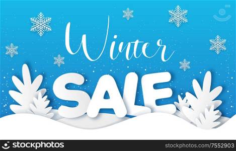 New year and Christmas blue background with paper silhouettes of white fir tree. Design for winter seasonal sale. Vector illustration.
