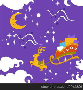 New year and christmas celebration seamless pattern of clouds and shining star, moon and garlands. Deer with sleigh full of presents for obedient kids. Greeting card on holidays. Vector in flat style. Magical new year and christmas seamless pattern