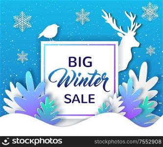 New year and Christmas frame with paper silhouettes of deer and fir tree on a blue background. Design for winter seasonal sale. Vector illustration.