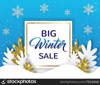 New year and Christmas frame with paper silhouettes of white and golden fir tree on a blue background. Design for winter seasonal sale. Vector illustration.