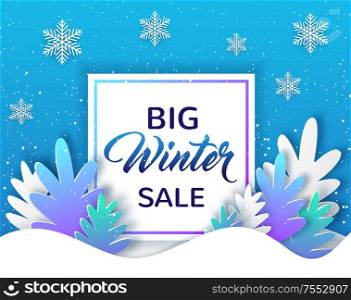 New year and Christmas frame with paper silhouettes of white and violet fir tree on a blue background. Design for winter seasonal sale. Vector illustration.