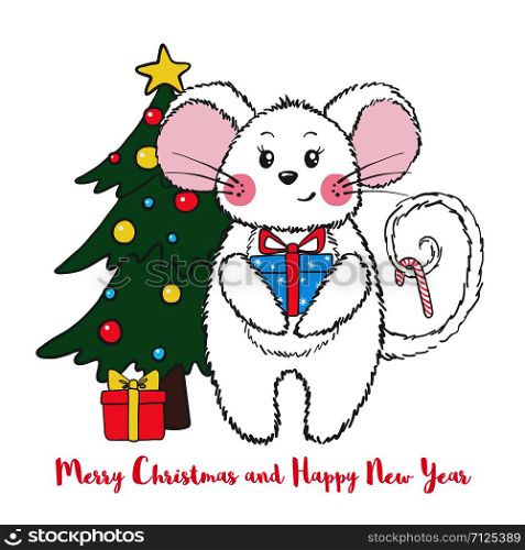 New Year and Christmas greeting card with cute mouse isolated on white background. Chinese year symbol. Vector illustration. New Year and Christmas greeting card with cute mouse.