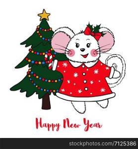New Year and Christmas greeting card with cute Mouse with fir tree isolated on white background. Zodiac rat of 2020 chinese year. Vector illustration.. New Year and Christmas greeting card with cute Mouse.