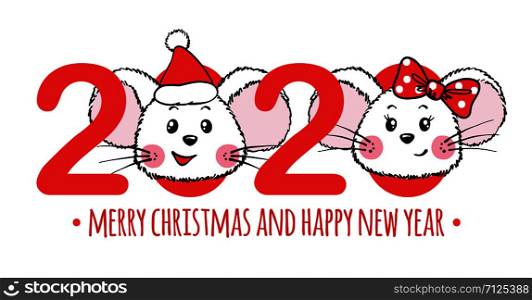 New Year and Christmas greeting card with numbers and cute Mouses isolated on white background. Zodiac rat of 2020 chinese year. Vector illustration.. New Year and Christmas greeting card with numbers and cute Mouses.