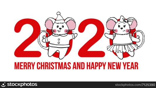 New Year and Christmas greeting card with numbers and cute Mouses isolated on white background. Zodiac rat of 2020 chinese year. Vector illustration.. New Year and Christmas greeting card with numbers and cute Mouses.
