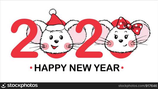 New Year and Christmas greeting card with numbers and cute Mouses isolated on white background. Zodiac rat of 2020 chinese year. Vector illustration.