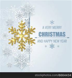 New year and Christmas greeting card with white and golden snowflakes on a blue background. Vector illustration.