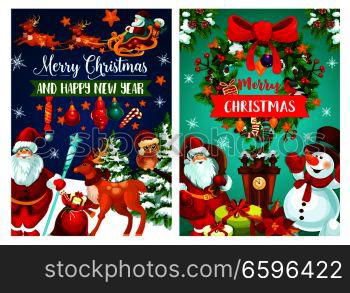 New Year and Christmas holiday banner with Santa Claus and snowman. Xmas tree and holly wreath festive poster with gift, snowflake and ribbon, candy, ball and sock, cookie and clock for Xmas design. Christmas holiday banner with Santa and snowman