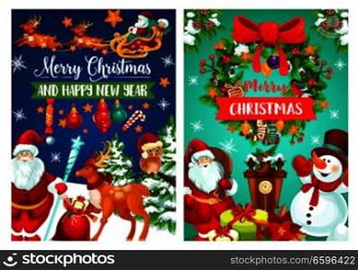 New Year and Christmas holiday banner with Santa Claus and snowman. Xmas tree and holly wreath festive poster with gift, snowflake and ribbon, candy, ball and sock, cookie and clock for Xmas design. Christmas holiday banner with Santa and snowman