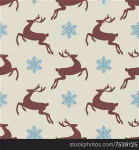 New year and Christmas seamless pattern with silhouette of deer and snowflakes. Vector background