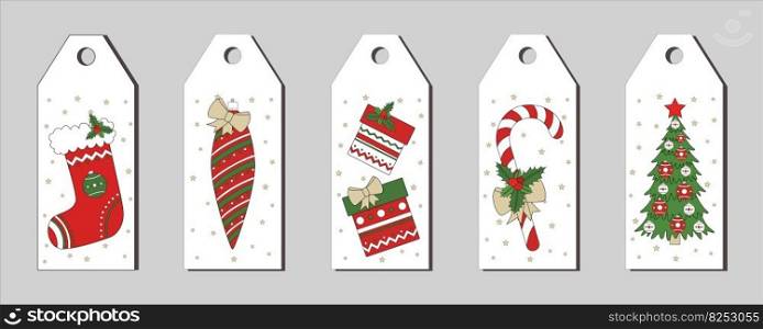 New Year and Christmas set of gift tags in the style of hand drawing. Traditional holiday items on a white background. Bright cartoon labels for printing. Vector illustration.. New Year and Christmas set of gift tags in the style of hand drawing. Vector traditional holiday items on a white background. Bright cartoon labels for printing.