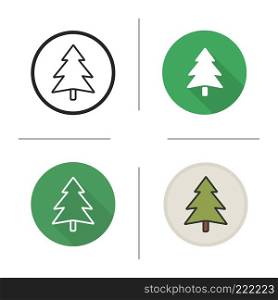 New Year and Christmas tree icon. Flat design, linear and color styles. Forest sign. Fir tree. Isolated vector illustrations. New Year and Christmas tree icon