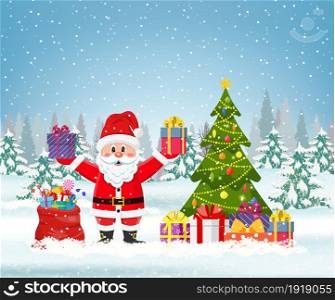 New year and Christmas winter landscape background with Santa Claus with gift bag and christmas tree, giftbox. Vector illustration. Christmas winter landscape