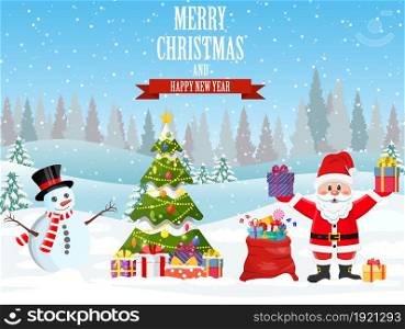 New year and Christmas winter landscape background with Santa Claus with gift bag and christmas tree and snowman, giftbox. Merry christmas holiday. New year and xmas celebration.. Christmas winter landscape