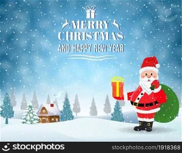 New year and Christmas winter landscape background with Santa Claus with gift bag. Vector illustration. Christmas winter landscape