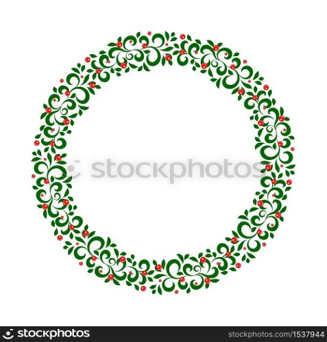 New year and Christmas wreath. winter garland with red holly berries on green branches, isolated on white background. Greeting card. Happy xmas vector retro holiday design.. New year and Christmas wreath. winter garland with red holly berries on green branches, isolated on white background. Greeting card. Happy xmas vector retro holiday design