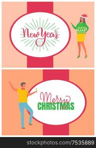 New Year and Merry Christmas lettering in frame, poster, man with glass of champagne, woman in Santa hat and in sweater with green fir trees, vector cartoon characters. Merry Christmas Poster Man and Woman, Carnival Hat