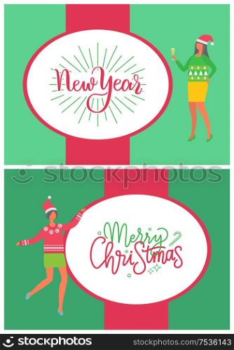 New Year and Merry Christmas postcards with people. Dancing woman in sweater with flowers and spruce trees, Santa hat, celebrating Xmas party, vector. Happy New Year, Merry Christmas Postcards, People