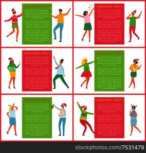 New Year and Merry Christmas posters with text sample, man and woman on party at office. Glasses of champagne, woman in Santa hat, vector cartoon characters. Merry Christmas Poster, Man and Woman Carnival Hat