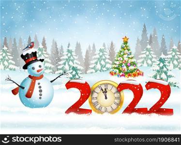 New year and Merry Christmas Winter background with snowman. 2022 with clock on nature background with Christmas tree. Christmas card with ball