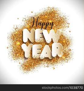 New Year background. Vector illustration on gold glitters.. New Year text in paper style background. Vector illustration on gold glitters.