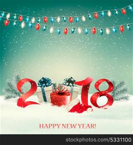 New Year background with gift boxes and colorful garland. Vector.