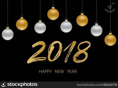 New year background with glamour golden ball, silver ball. Happy new year background with glamour golden and silver balls and gold brush lettering numbers 2018
