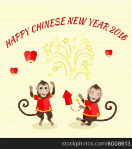 New Year Background with Monkey. New Year card with monkey. Happy Chinese New Year 2016. New Year monkey. Chinese zodiac monkey. Year of monkey 2016. Chinese New Year greetings. Monkeys in traditional chinese background. Year Monkey