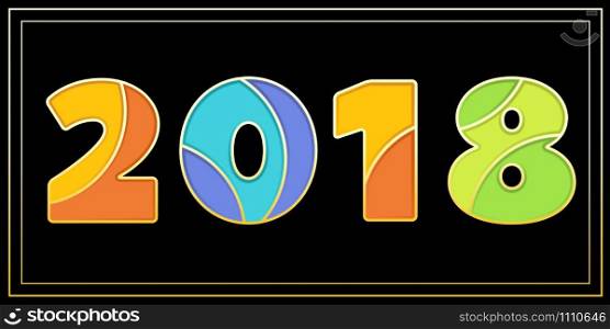 New year banner with big 2018 signs. Enamel mosaic art isolated vector symbols in different bright colors on black background. Useful for promo fashion event, offer label or celebration slogan.. Stylish enamel mosaic 2018 sign banner