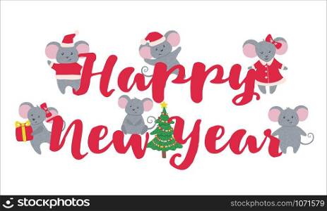 New Year banner with cute Mice isolated on white background. Zodiac rat of 2020 chinese year. Vector illustration.