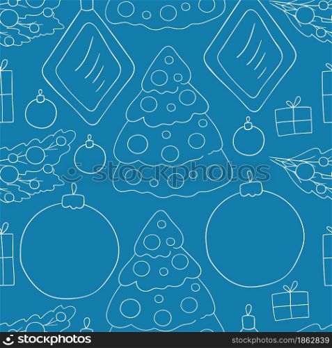 New Year. Blue Seamless vector pattern with Christmas tree decorations, gifts. Can be used for fabric, packaging, wrapping paper and etc. Seamless vector pattern. Christmas tree decorations. Pattern in hand draw style