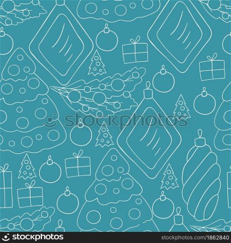 New Year. Blue Seamless vector pattern with Christmas tree decorations, gifts. Pattern in hand draw style. Can be used for fabric and etc. Seamless vector pattern. Christmas tree decorations. Pattern in hand draw style