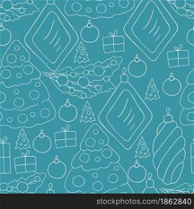 New Year. Blue Seamless vector pattern with Christmas tree decorations, gifts. Pattern in hand draw style. Can be used for fabric and etc. Seamless vector pattern. Christmas tree decorations. Pattern in hand draw style