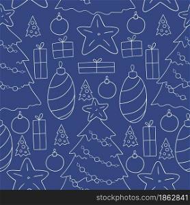 New Year. Blue Seamless vector pattern with stars, Christmas tree decorations. Can be used for fabric, packaging, wrapping paper, textile and etc. Seamless vector pattern. Christmas tree decorations. Pattern in hand draw style