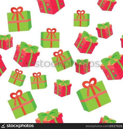 New Year Boxes with Ribbons Seamless Pattern.. New Year boxes with ribbons seamless pattern. Gift boxes in simple cartoon style endless texture. Colourful big bow on top. Flat style design. Wallpaper design endless texture. Vector illustration