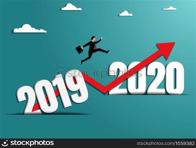 New year business concept. Businessman jumping to the new year of 2020. Achievement, Season, Success, Vector illustration flat