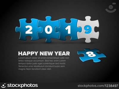 New Year card template made from blue and white puzzle pieces. New Year card made from blue and white puzzle pieces