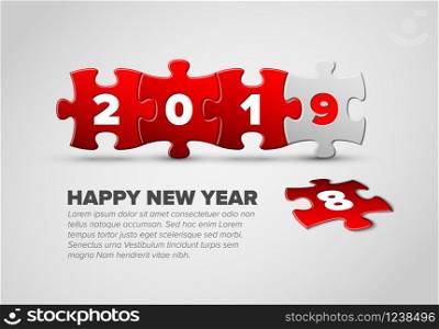 New Year card template made from red and white puzzle pieces. New Year card made from red and white puzzle pieces